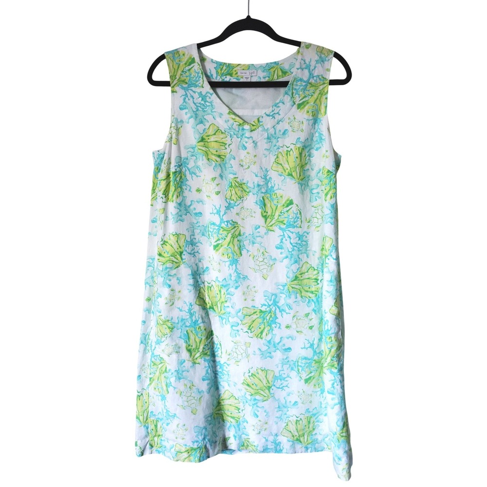 J. Jill Love Linen Sea Turtle Coral Print Shift Dress White Womens Small Beach